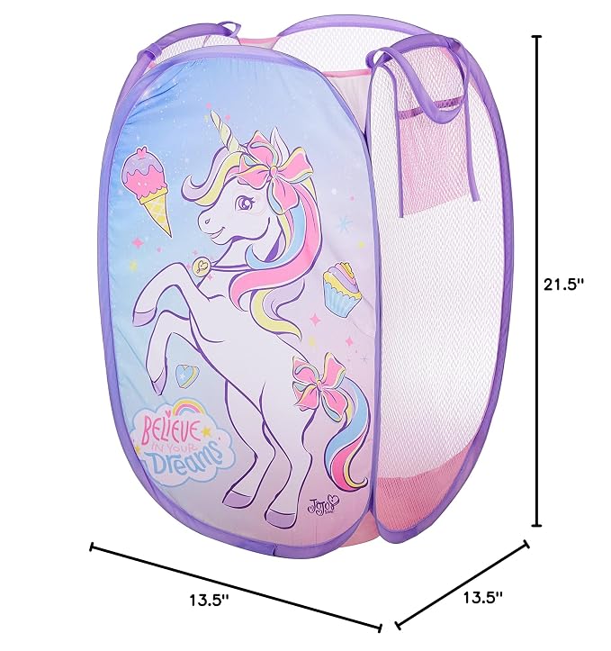Idea Nuova JoJo Siwa Bow Unicorn Believe in Your Dreams Pop Up Hamper with Durable Carry Handles, 21'' H x 13.5'' W X 13.5'' L