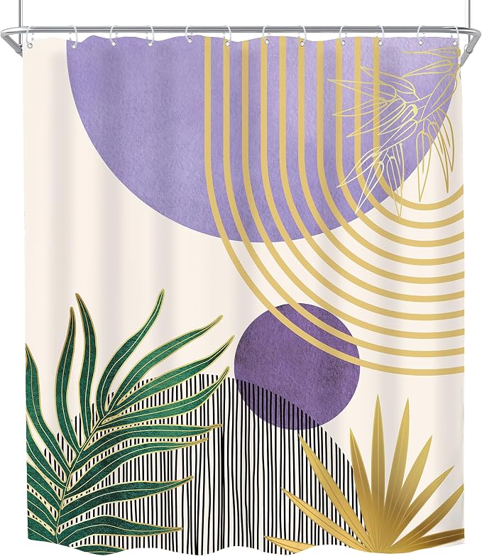 Mid Century Purple Green Boho Abstract Modern Bathroom Shower Curtain Set | 60Wx72L Gold design, waterproof HD print with fast-drying fabric and 12 hooks.