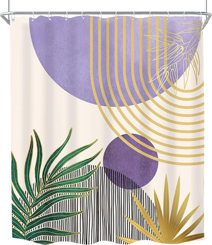 Mid Century Purple Green Boho Abstract Modern Bathroom Shower Curtain Set | 60Wx72L Gold design, waterproof HD print with fast-drying fabric and 12 hooks.