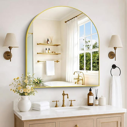Arched Bathroom Mirror 36x40 Inch, Bathroom Mirror for Over Sink, Wide Wall Mounted Vanity Mirror with Aluminum Frame & Tempered Glass, Ideal for Bedroom, Entryway, Living Room, Mantel, Gold