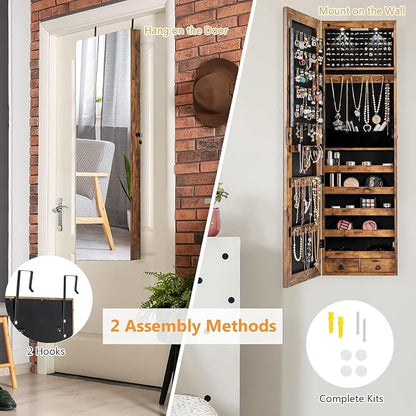 Moccha Wall Door Jewelry Armoire, 47.5" H Full Length Mirrored Jewelry Cabinet with 2 LED Lights and 2 Drawers, Lockable Jewelry Cabinet, Jewelry Organizer Storage for Bedroom, Rustic Brown