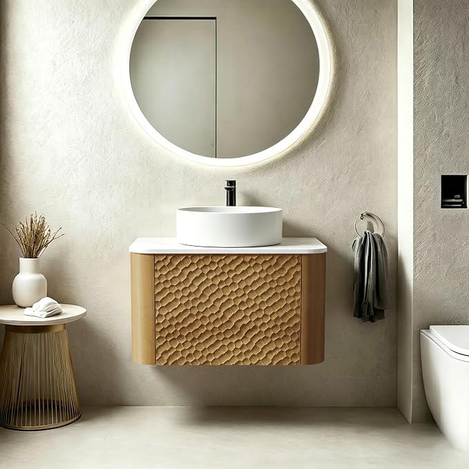 24 Inch Modern Bathroom Vanity with Ceramic Sink, Floating Bathroom Vanity Cabinet with Sintered Stone Top&Solid Wood Hammered Frame, Single Sink Bathroom Vanities w/Soft-Close Drawers,Natural