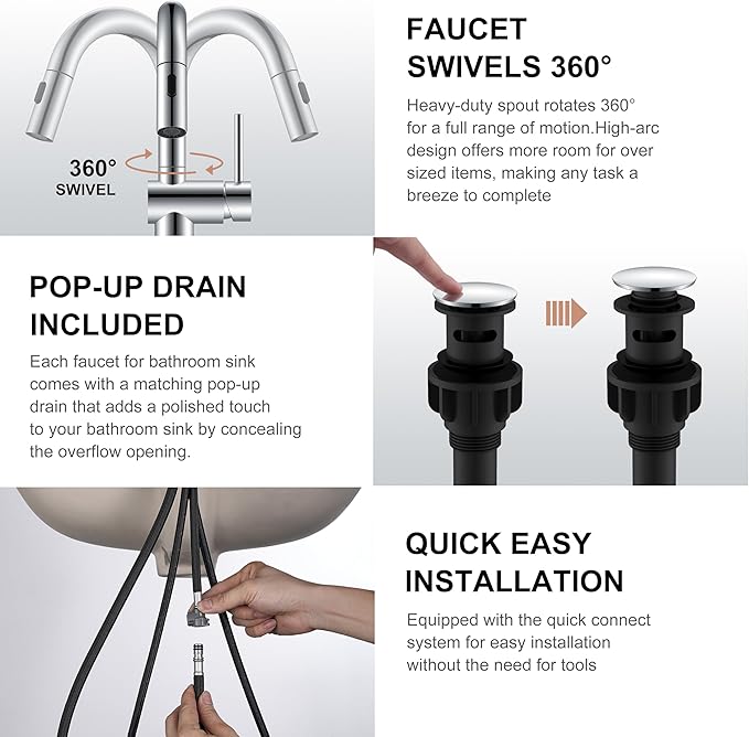 KENES Pull Out Bathroom Sink Faucet, Polished Chrome Single Handle Bathroom Faucet with Pull Down Sprayer, Vanity Bar Faucet with Pop Up Drain & Deck Plate, KE-9065B-5