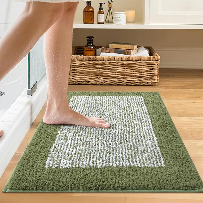 Bathroom Rugs 24x17 Non Slip Washable, Olive Green Bath Mat for Bathroom Floor Tub, Soft Absorbent Quick Dry Mats for Shower, Bathtub,Home Decor