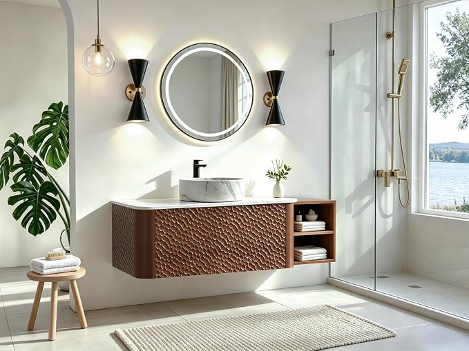 48 Inch Modern Bathroom Vanity with Ceramic Sink, Floating Bathroom Sink Cabinet with Sintered Stone Top&Solid Wood Hammered Frame, Single Bathroom Vanities w/Soft-Close Drawer&IDE Open Cube