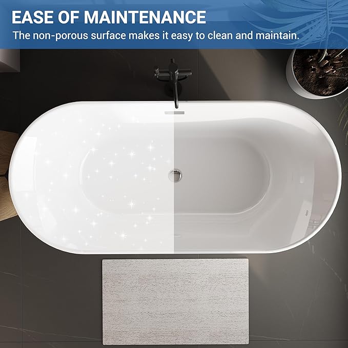 59" Oval Freestanding Bathtub, Acrylic Soaking Tub with Overflow, Matte Silver Drain, Modern Stand Alone Tub, Deep Free Standing Bath Tub for Bathroom, Hotel, Easy Install, CUPC Certified, White