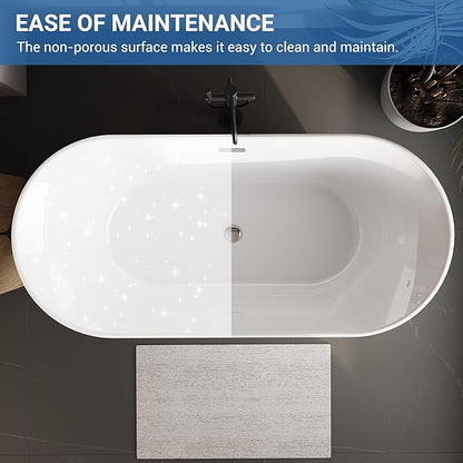 59" Oval Freestanding Bathtub, Acrylic Soaking Tub with Overflow, Matte Silver Drain, Modern Stand Alone Tub, Deep Free Standing Bath Tub for Bathroom, Hotel, Easy Install, CUPC Certified, White