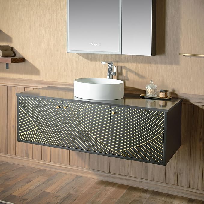 Woodbridge 48" Wall Mounted Floating Bathroom Vanity – Round Ceramic Vessel Sinks & Black Engineered Stone Top, Matte Black Lacquer Finish and Gold Accents, Space-Saving Wall-Mount Style