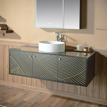 Woodbridge 48" Wall Mounted Floating Bathroom Vanity – Round Ceramic Vessel Sinks & Black Engineered Stone Top, Matte Black Lacquer Finish and Gold Accents, Space-Saving Wall-Mount Style