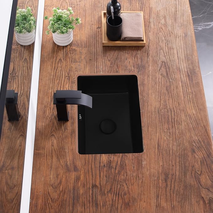 Undermount Bathroom Sink 16 Inch Black Rectangular with Overflow | Small Porcelain Ceramic Matte Black Vanity Basin (15.7"x11.8")