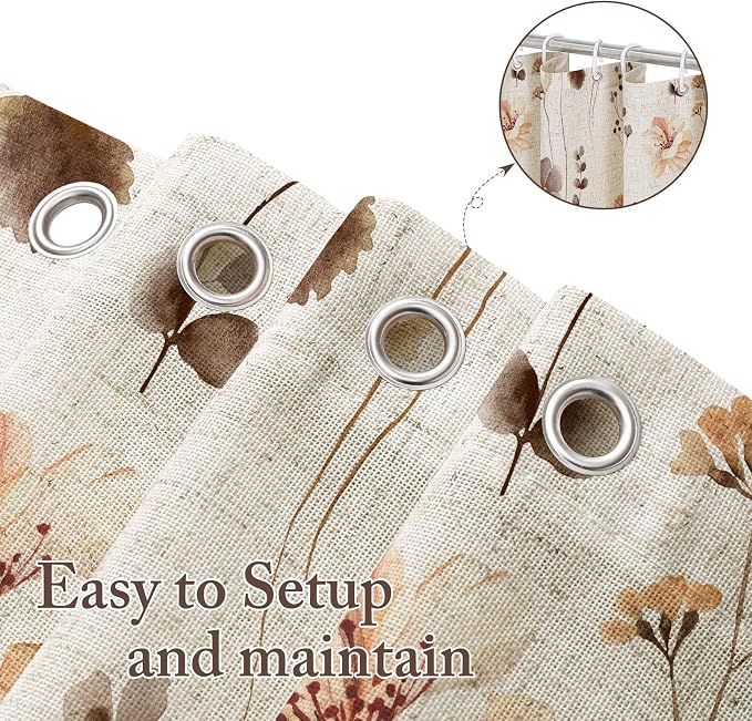 Brown Linen Watercolor Floral Fabric Shower Curtain, 72x72 | Linen Fabric, Modern Minimalist Floral Print, Machine Washable, Rustproof Grommets, for Bathroom Home