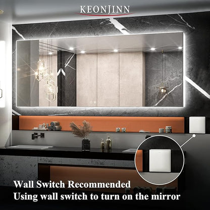 Keonjinn LED Mirror for Bathroom 72 x 30 Inch, Backlit Mirror Bathroom Oversize, Stepless Dimmable Wall Mirrors with Anti-Fog, CRI90+ HD Tempered Glass, Horizontal/Vertical Mounting for Vanity