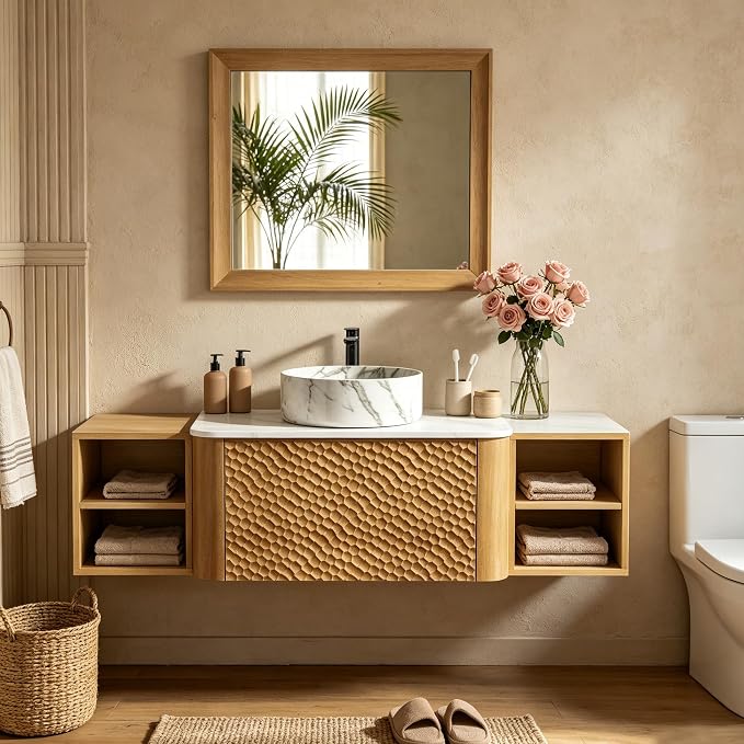 54 Inch Modern Bathroom Vanity with Ceramic Sink, Floating Bathroom Sink Cabinet with Sintered Stone Top&Solid Wood Hammered Frame, Single Bathroom Vanities w/Soft-Close Drawer&2 Side Open Cube