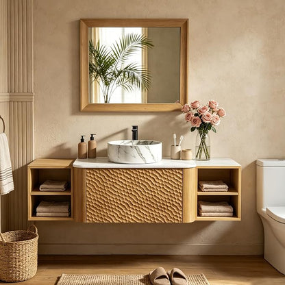 54 Inch Modern Bathroom Vanity with Ceramic Sink, Floating Bathroom Sink Cabinet with Sintered Stone Top&Solid Wood Hammered Frame, Single Bathroom Vanities w/Soft-Close Drawer&2 Side Open Cube