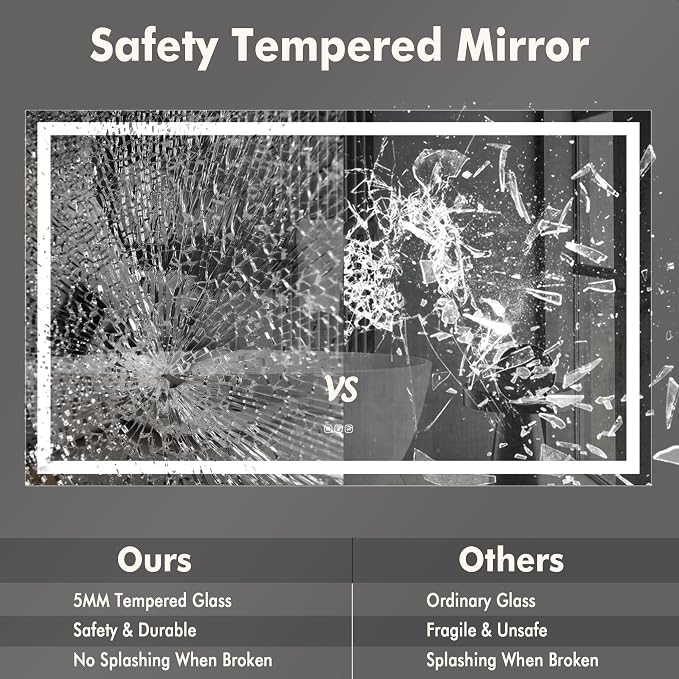 LED Bathroom Wall Mirror 60 x 36 Inch, Frameless Vanity Mirror with Front Light & Ambient Backlight, Single Front LED Strip with 150mm Suction 3X Mirror, Dimmable & Adjustable Color Tempera