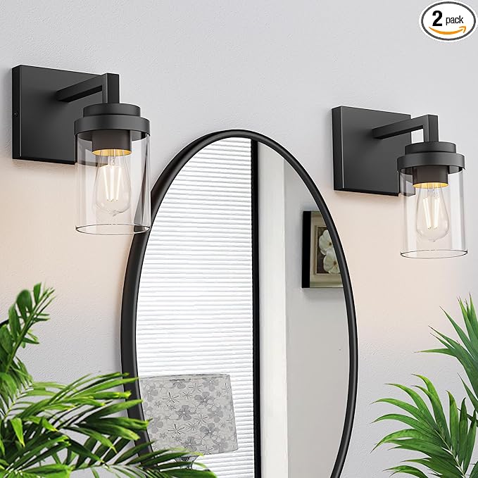 Espird Matte Black Wall Lights, Set of 2 Wall Sconce with Clear Glass Shade, Farmhouse Sconce Lights, Wall Mount Lamp for Bedroom Mirror Living Room