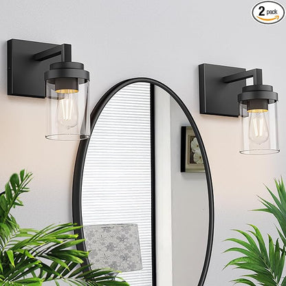 Espird Matte Black Wall Lights, Set of 2 Wall Sconce with Clear Glass Shade, Farmhouse Sconce Lights, Wall Mount Lamp for Bedroom Mirror Living Room