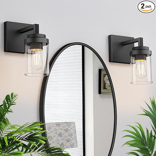 Espird Matte Black Wall Lights, Set of 2 Wall Sconce with Clear Glass Shade, Farmhouse Sconce Lights, Wall Mount Lamp for Bedroom Mirror Living Room