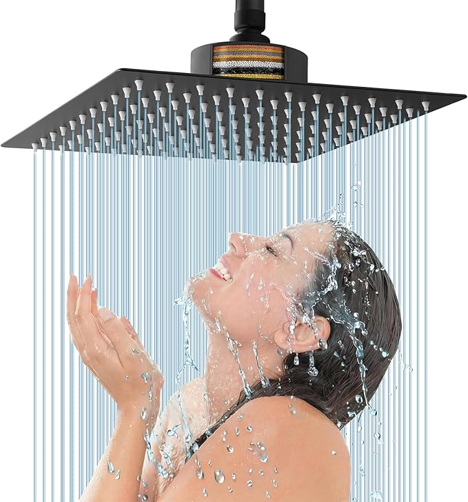 Voolan Rain Shower Head with Filtered - High Flow Bathroom Rainfall Filter Showerhead For Hard Water, Upgraded 304 Stainless Steel Construction (12"Square, Matte Black)