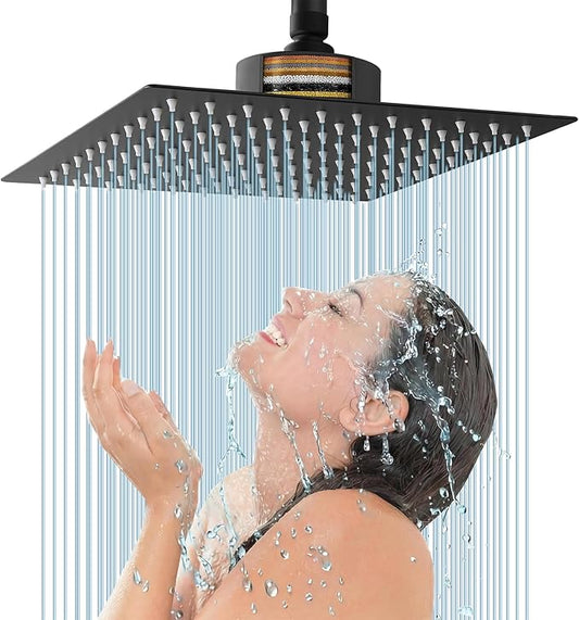 Voolan Rain Shower Head with Filtered - High Flow Bathroom Rainfall Filter Showerhead For Hard Water, Upgraded 304 Stainless Steel Construction (12"Square, Matte Black)