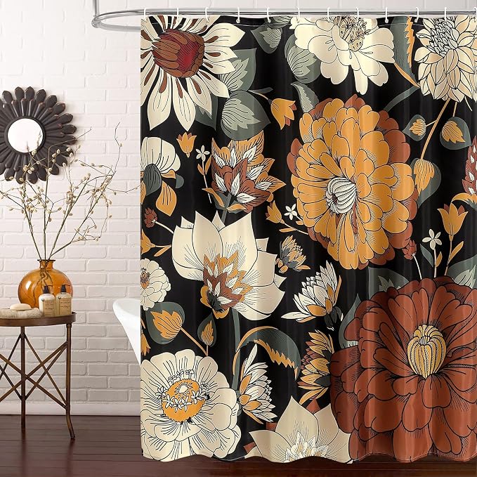 Boho Floral Shower Curtain, Retro Botanical Fabric Curtain, 72 x 72 | Boho Chic Floral, Vintage Botanical, Modern Farmhouse, Eclectic Rustic, Colorful Flowers, Fabric Shower Curtain
