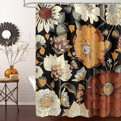 Boho Floral Shower Curtain, Retro Botanical Fabric Curtain, 72 x 72 | Boho Chic Floral, Vintage Botanical, Modern Farmhouse, Eclectic Rustic, Colorful Flowers, Fabric Shower Curtain