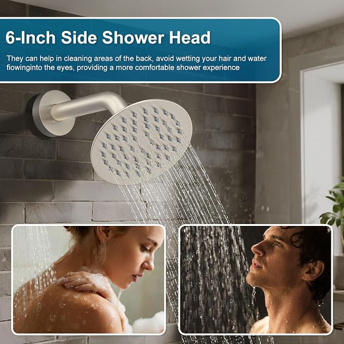 Shower System Shower Faucet Set Rainfall Shower Set with Valve 12+6" Dual Rain Shower Head with Handheld Ceiling Mount Wall Mount Shower Head Shower System, Brushed Nickel