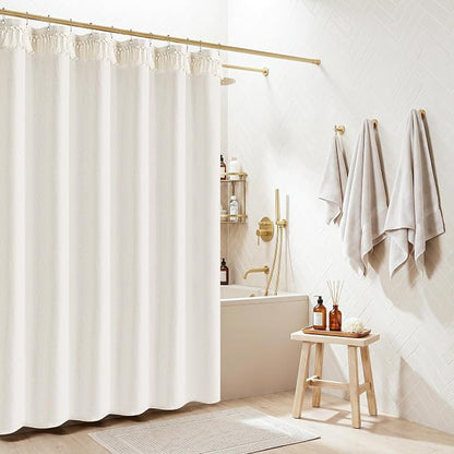 Cream Shower Curtain with Top Tassels Water Repellent 72x96 Inch | Extra Tall, Natural Ivory, Linen Shower Curtains 96 Inch Long, Farmhouse Rustic Country Elegant, Bathroom Cloth Fabric Drapes