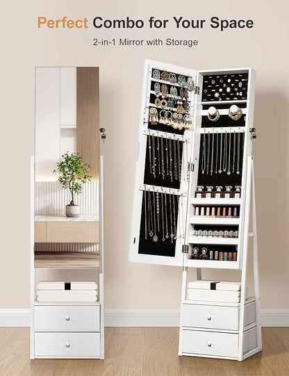 Nicetree Jewelry Cabinet Armoire, 2 Drawers, Full Length Mirror, Pure White | Standing Mirror Jewelry Cabinet, Lockable Jewelry Armoire with Mirror, Adjustable Angles, Easy Assembly, Gift Idea, HD Glass