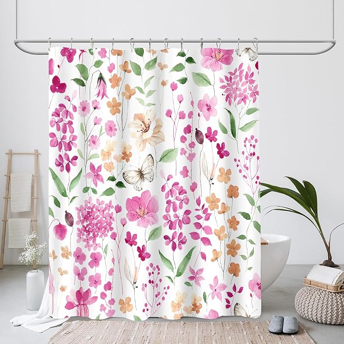 Pink Green Floral Shower Curtain, Cute Flower Fabric Shower Curtains for Bathroom, Watercolor Wildflower Butterfly Cloth Shower Curtain Set with Hooks, 72x72