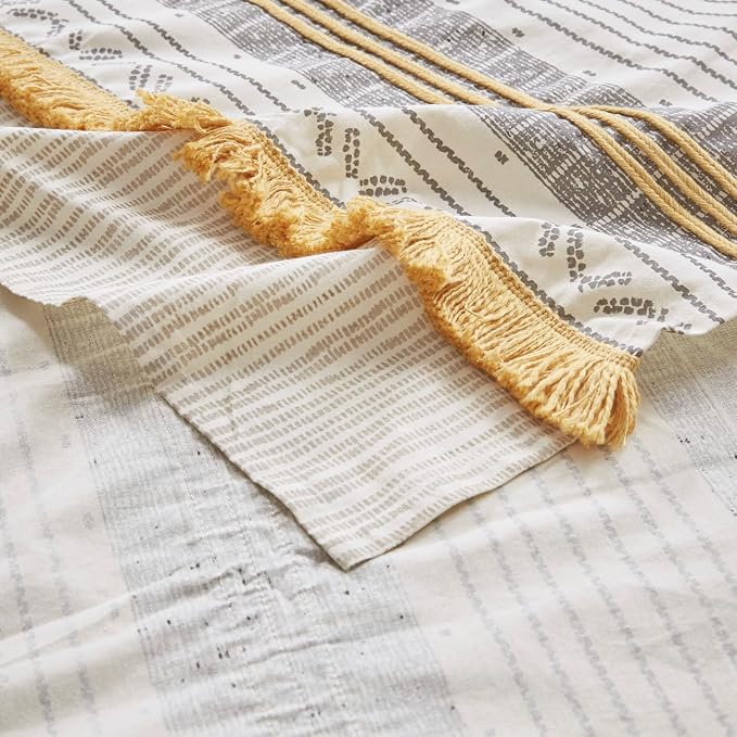 INK+IVY Cody Shower Curtain for Bathroom, Cotton, 72 x 72, Gray/Yellow | Adds Privacy, Machine Washable, Striped Pattern, Boho, OEKO-TEX Certified