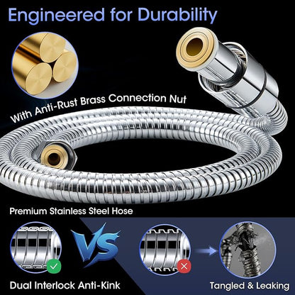 Shower Head with Handheld, High Pressure 10 Spray Modes, Chrome | Built-in Pause Function, Power Wash Mode, Anti-Clog Nozzles, 71 Inch Stainless Steel Hose, Adjustable Overhead Bracket