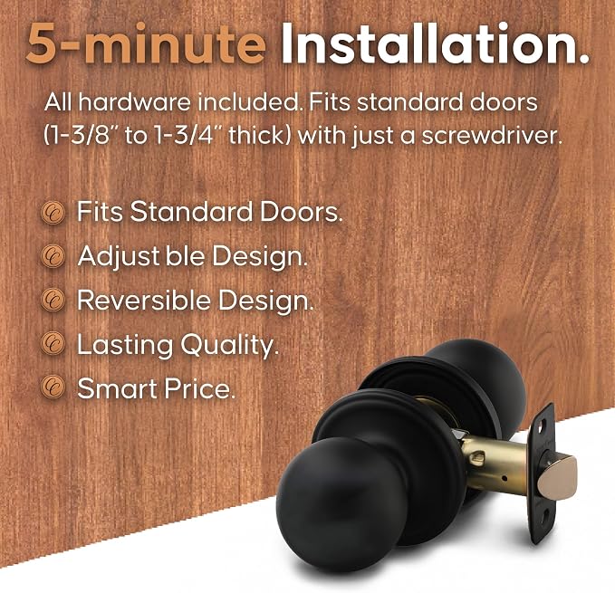 Copper Creek Colonial Passage Interior Door Knob – ANSI Grade-3 Certified, Modern Heavy Duty Handle, Easy Install and Reversible for Bedroom, Bathroom and Closets – Matte Black (2 Pack)