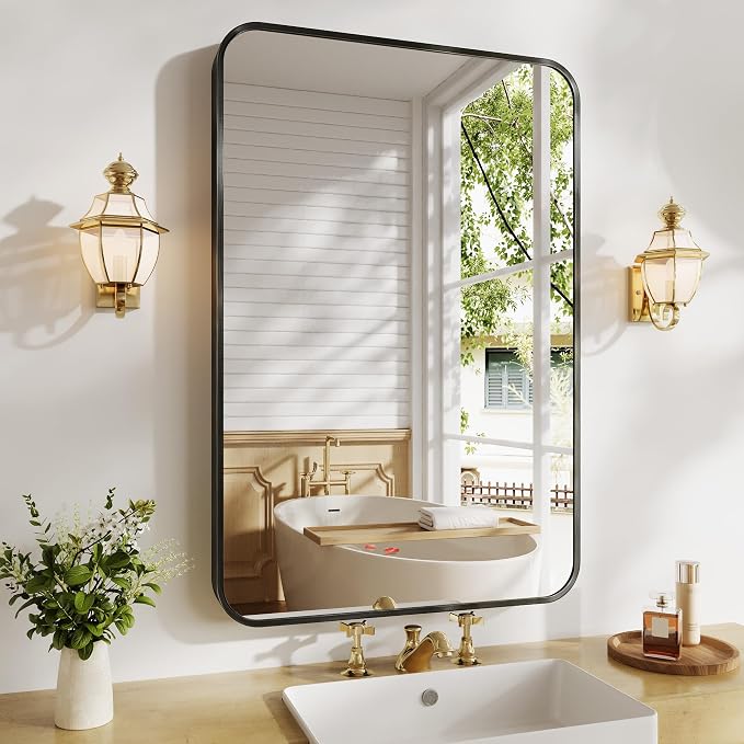 Koonmi Metal Framed Bathroom Mirror, 24"X36" Anti-Rust Bathroom Vanity Mirror, High-Definition Tempered Glass Bathroom Mirrors for Over Sink, Modern Decorative Wall Mirror for Restroom