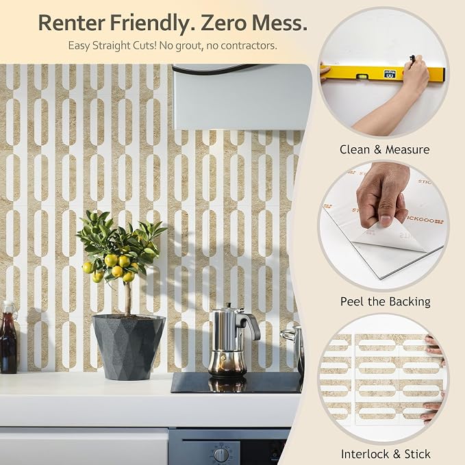 STICKGOO Peel and Stick Backsplash Tiles 12"x12", Waterproof Stick on Kitchen & Bathroom Backsplash, PVC Self Adhesive Wall Tiles for Fireplace, White/Yellow Slate (10 Sheets)