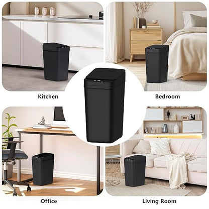 Bathroom Small Trash Can with Lid, Automatic Garbage Can, 2.6 Gallon | 3 Pack Touchless Slim Waterproof Motion Sensor Smart Trash Bin for Bedroom, Office, Living Room-Black