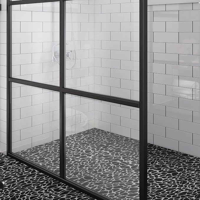 SUNWINGS 10-Sheet Pebble Tile for Shower Floor Border Kitchen Bathroom Backsplash, Black Marquina Recycled Glass Marble Stone Looks Wall and Floor Tile, Covers 7.9 Sq. Ft