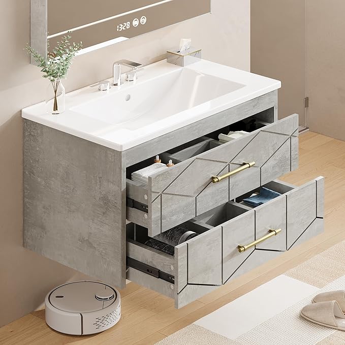 Garvee 24" Bathroom Vanity with Sink, Floating Bathroom Vanity with Ceramic Basin, 2 Large Storage Drawers with Gold Metal Handle, Modern Wall Mounted Bathroom Cabinet with Sink, Grey