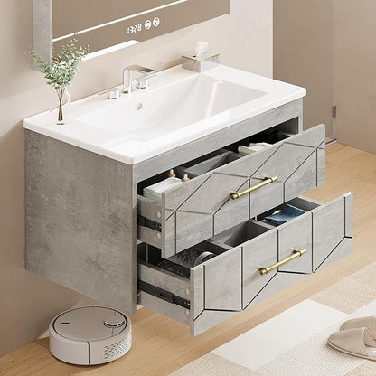 Garvee 24" Bathroom Vanity with Sink, Floating Bathroom Vanity with Ceramic Basin, 2 Large Storage Drawers with Gold Metal Handle, Modern Wall Mounted Bathroom Cabinet with Sink, Grey
