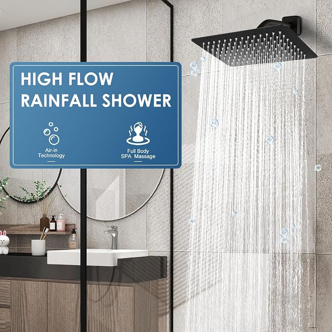 12x8 Inch Rectangle Rain Shower Head Black, All Metal Stainless Steel 304, Full Body Rainfall Shower with 112 Silicone Nozzles, Ceiling Rain Showerheads