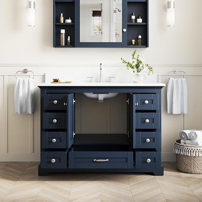 WELLFOR 48" Bathroom Vanity with Sink, Bathroom Freestanding Vanity W/ 2 Soft-Close Doors and 9 Soft-Close Drawers, Bathroom Cabinet Vanity with Cultured Marble Countertop (Navy Blue)