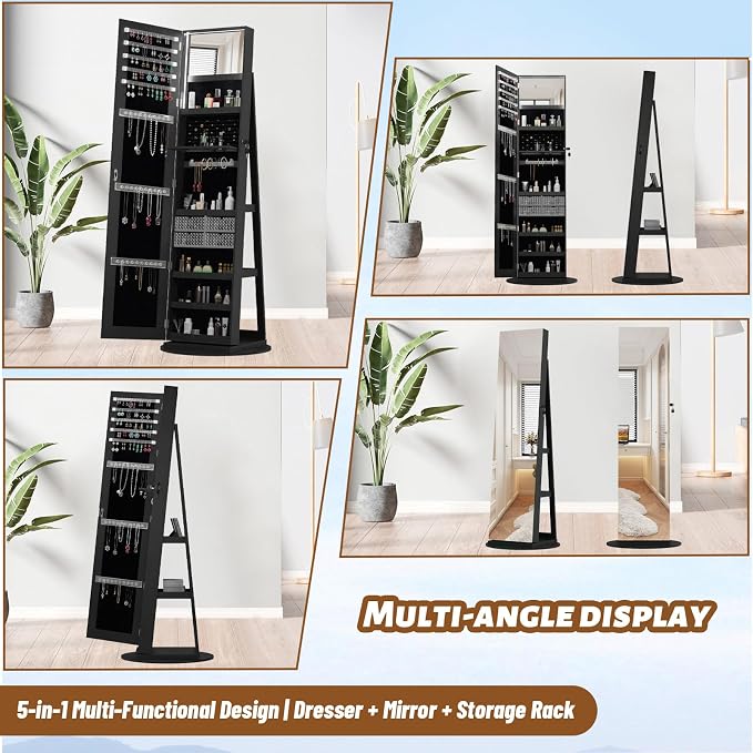 Jewelry Armoire with Full Length Mirror - 360° Swivel Standing Floor Mirror Jewelry Cabinet, Lockable Storage Organizer, 3 Shelves & Drawers,Tall Mirror with Storage for Women (Black)