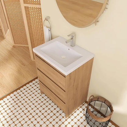 24" Bathroom Vanity with Sink, 24 Inch Freestanding Vanity with 3 Drawers, Single Resin Sink Floor Stand Cabinet Set Imitative Oak (Space-Saving for Small Bathrooms)