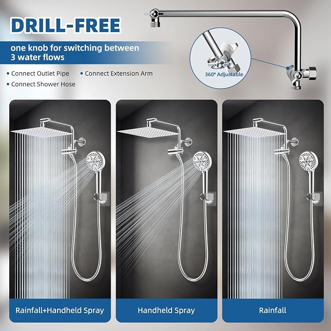 12" Metal Rainfall Shower Head with 10-Mode Handheld, Chrome | NSF/ANSI/CAN 372 Certified, High Pressure Showerhead Combo with 11" Adjustable Shower Arm, 71" Hose, Shower Head Holder