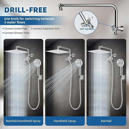 12" Metal Rainfall Shower Head with 10-Mode Handheld, Chrome | NSF/ANSI/CAN 372 Certified, High Pressure Showerhead Combo with 11" Adjustable Shower Arm, 71" Hose, Shower Head Holder
