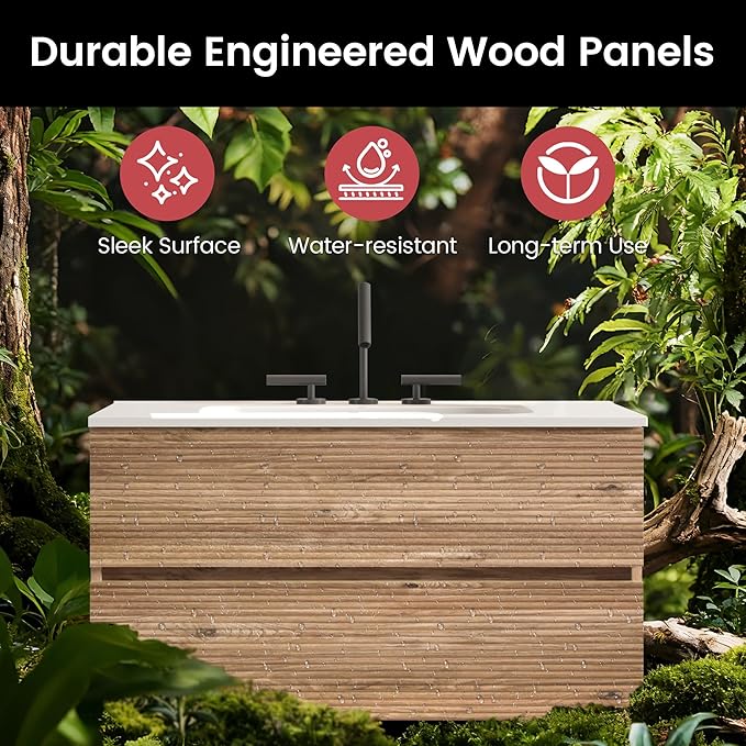36" Floating Bathroom Vanity with Sink, Modern Wall Mounted Floating Vanity with Ceramic Sink, Double Soft-Close Drawers for Apartment, Hotel, Rough Oak