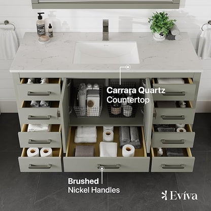 Eviva London 54 Inch Bathroom Vanity White Vanity Bathroom Sink Cabinet W/Quartz Countertop Porcelain Single Sink Design for Modern Bathrooms