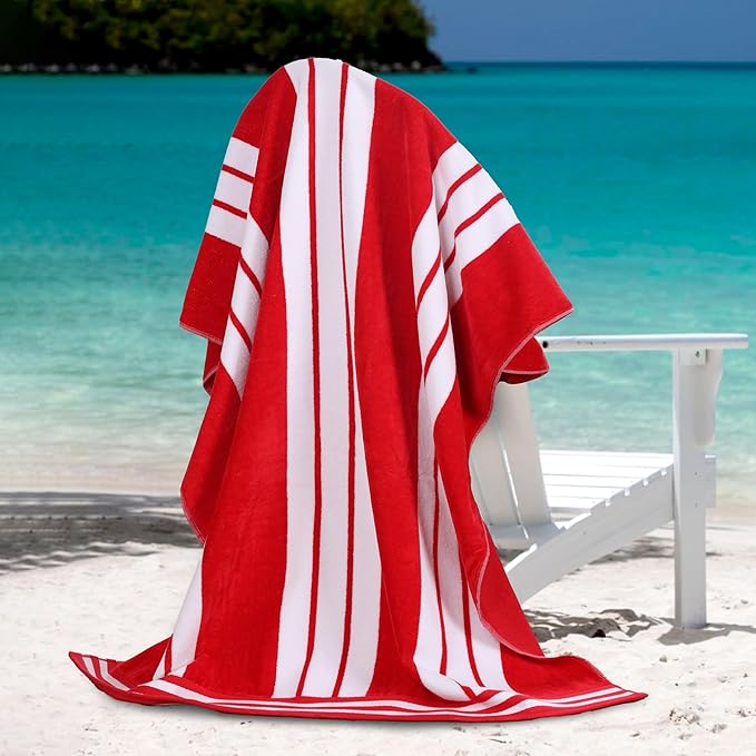 Superior Cotton Cabana Striped Beach Towels, Colorful Towels for Adult, Kid, Pool, Swimming, Sand, Travel, Large Oversized, Absorbent, Fast Drying, Bath Basics, Cabana Collection, 1 Piece, Red