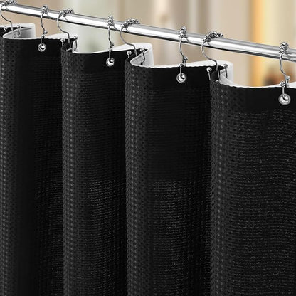 3 in 1 Shower Curtain Set, Waffle Shower Curtain and Liner Set with 12 Double Sided Shower Curtain Hooks, 258GSM Luxury Weighted Cloth Shower Curtains for Bathroom, 72 W x 84 H, Black