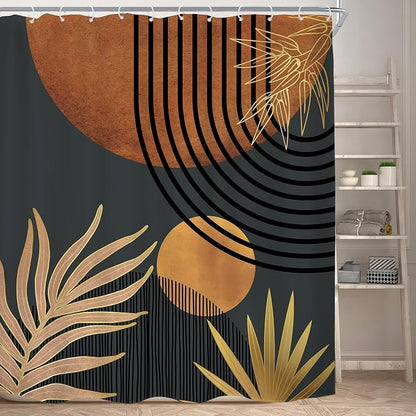 Mid Century Brown Black Boho Abstract Modern Bathroom Shower Curtain Set | 72Wx78H Plant Botanical design, waterproof HD print with fast-drying fabric and 12 hooks.